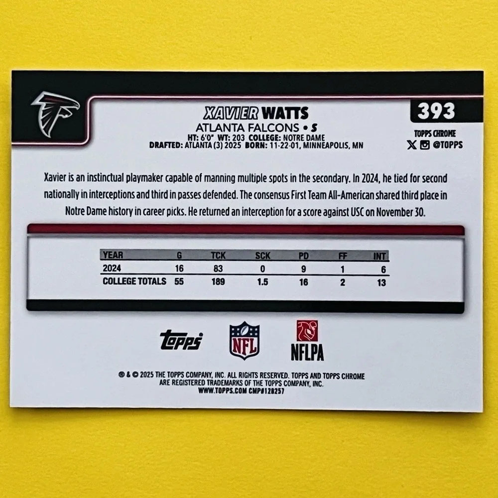 2025 Topps Chrome NFL Football Xavier Watts RC #393 Atlanta‎ Falcons Rookie Card